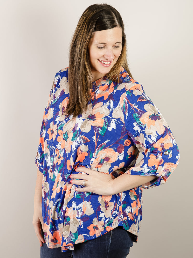 Curvy Royal Blue and Coral Floral Wrinkle Free 3/4 Sleeve