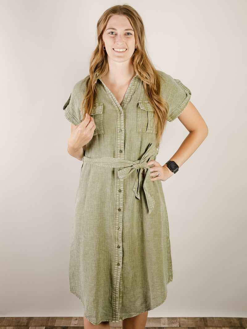 Washed Olive Button Down Shirt Dress