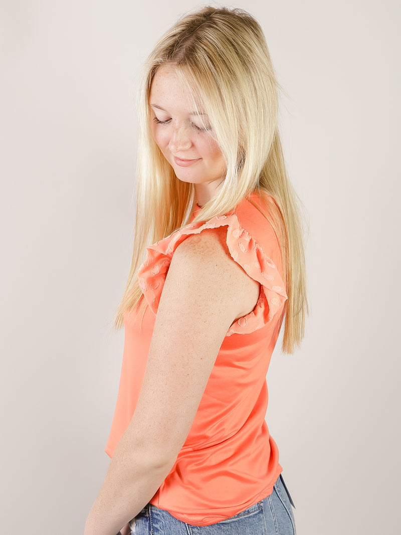 Coral Solid Tank with Ruffled Sleeve