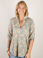 Teal Floral 3/4 Sleeve Knit Top