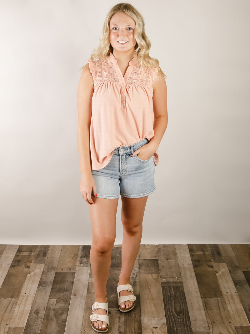 Peach Ruffled Collar Sleeveless Knit Top