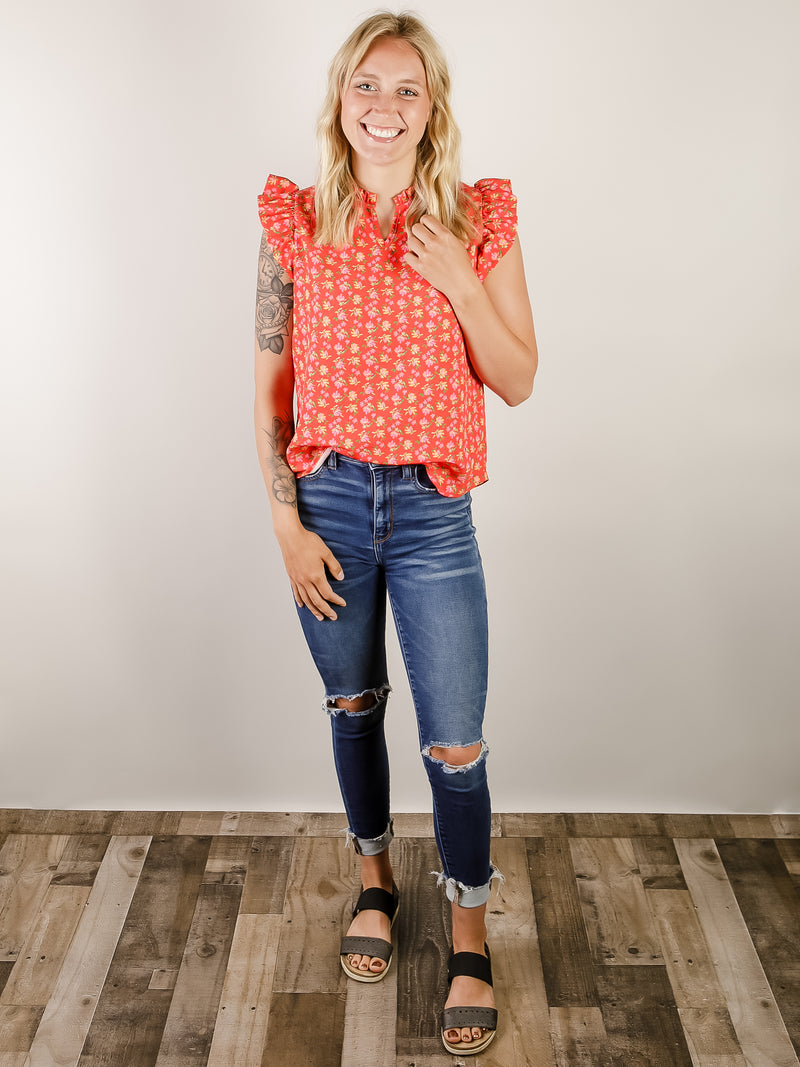 Tomato Floral Sleeveless Blouse