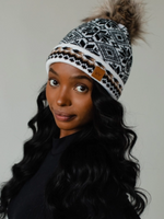 White Black and Tan Patterned Pom Hat