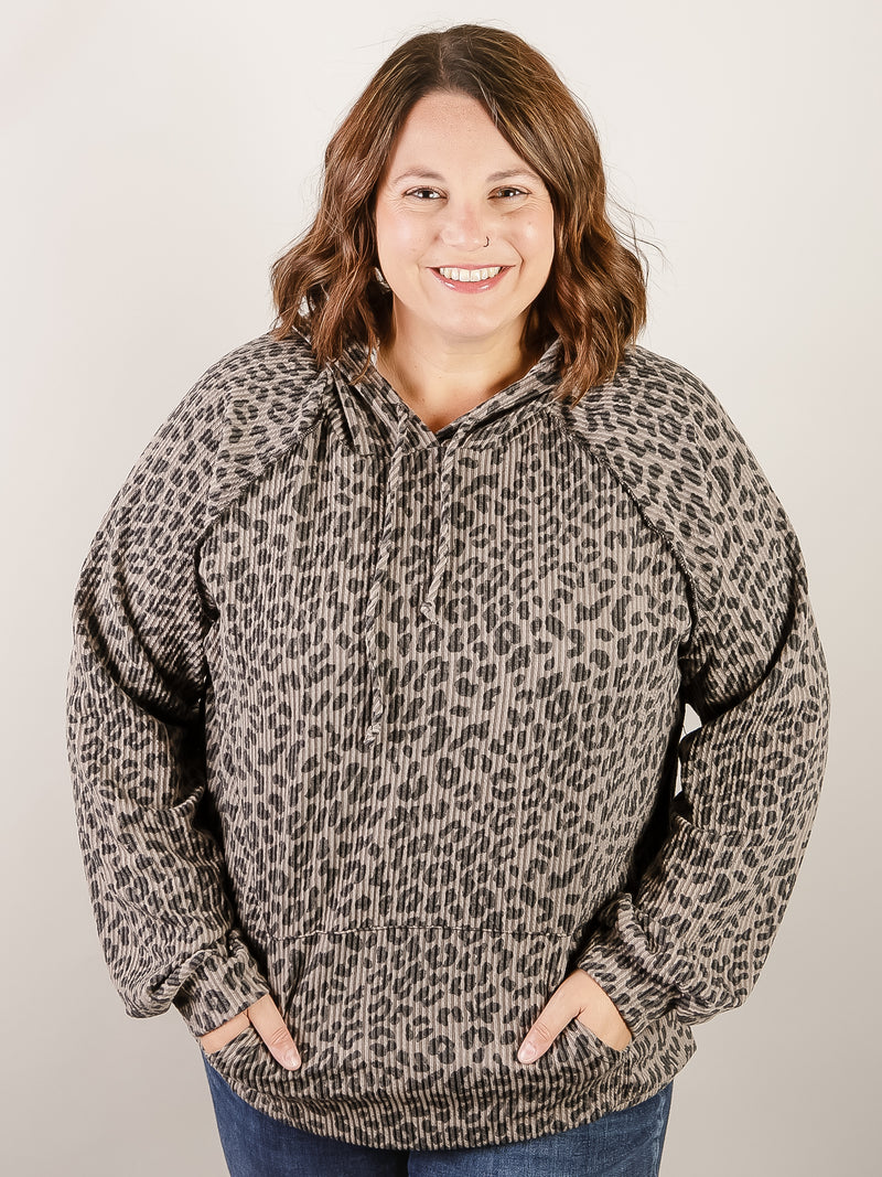 Curvy Charcoal Long Sleeve Animal Print Hooded Top