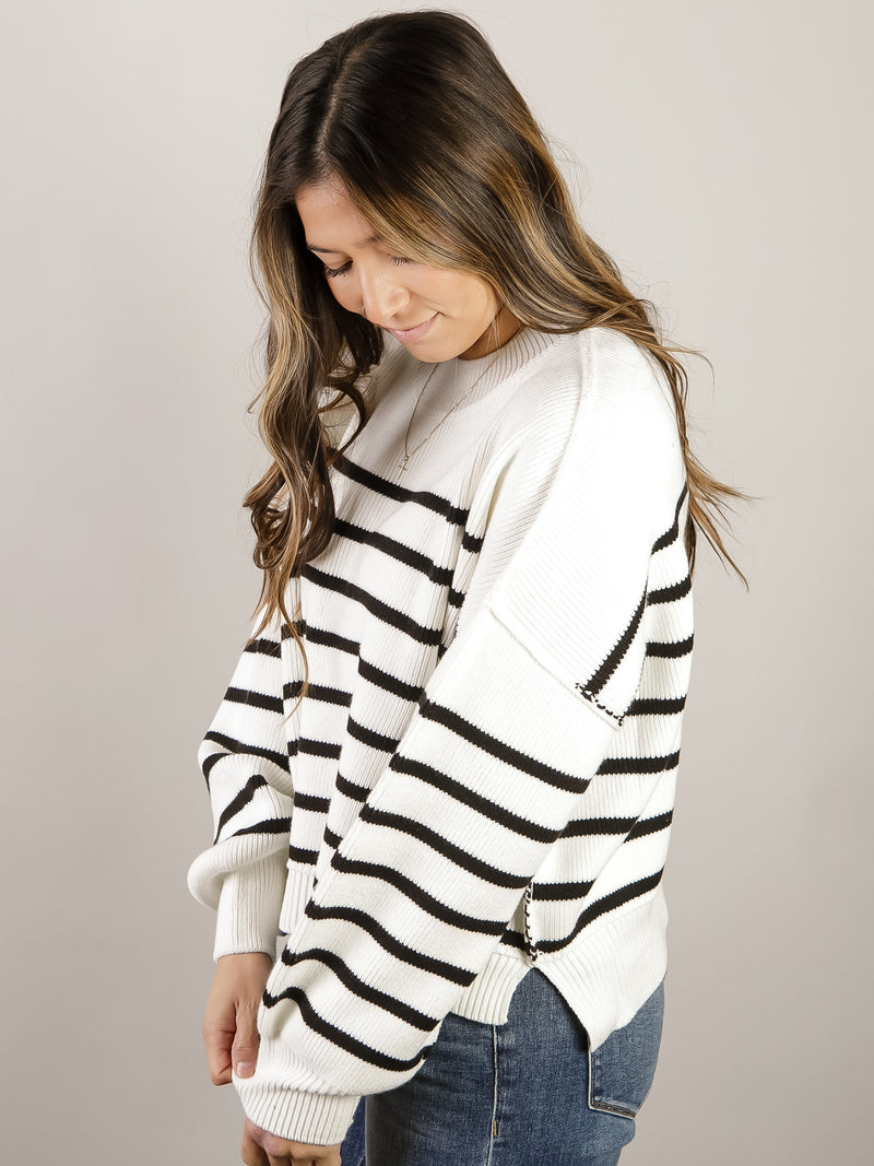 White Striped Exposed Seam Sweater