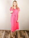 Hot Pink Button Down Midi Shirt Dress