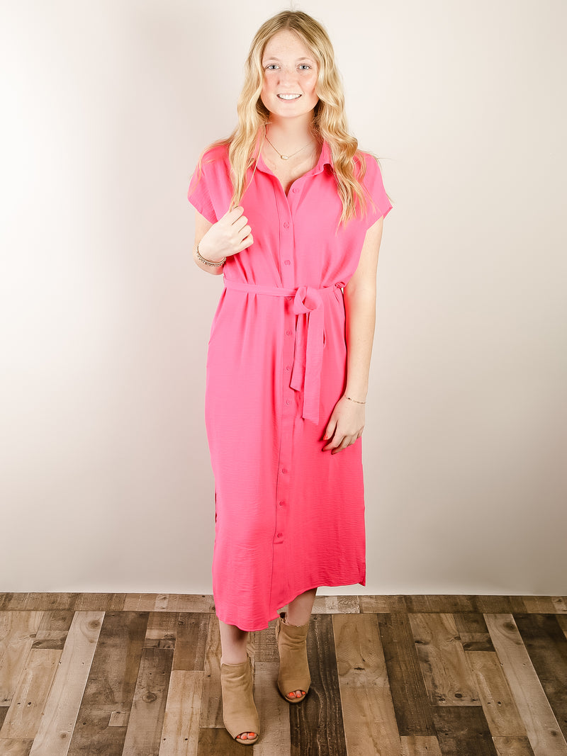 Hot Pink Button Down Midi Shirt Dress