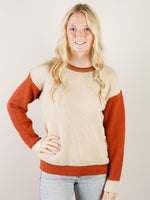 Color Block with Rust Sleeve Thermal Sweater