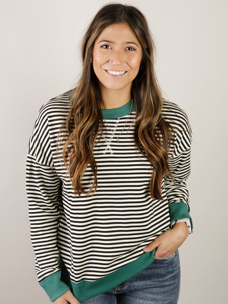 French Terry Black and White Striped Top