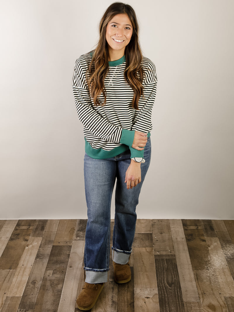 French Terry Black and White Striped Top