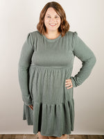 Curvy Vintage Olive Ribbed Tiered Knit Dress