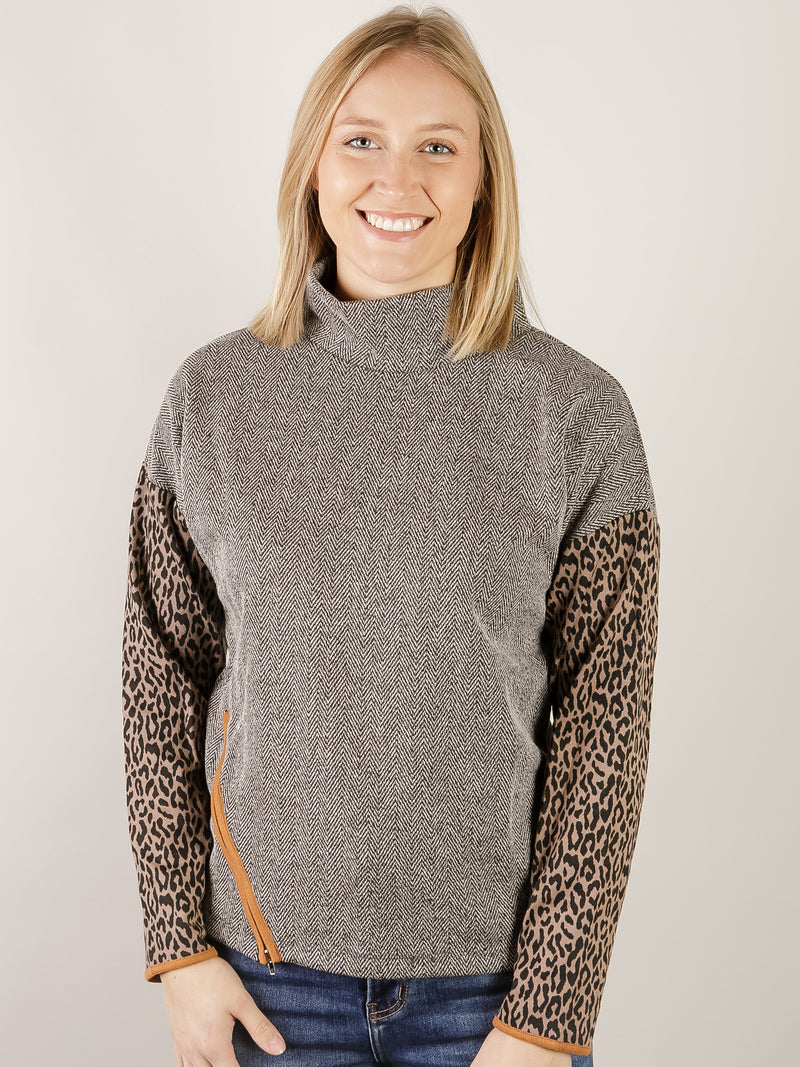 Heather Grey Mock Neck with Leopard Sleeve