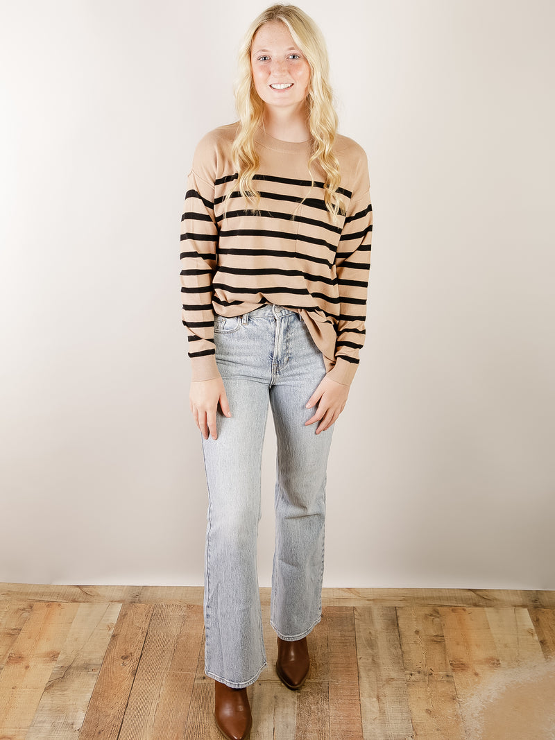 Camel with Black Stripe Pullover Sweater