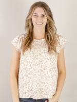 Taupe Floral Print Flutter Sleeve Top