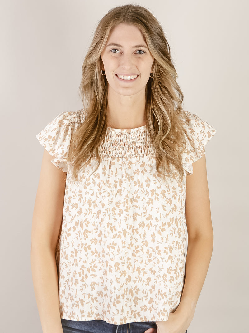Taupe Floral Print Flutter Sleeve Top