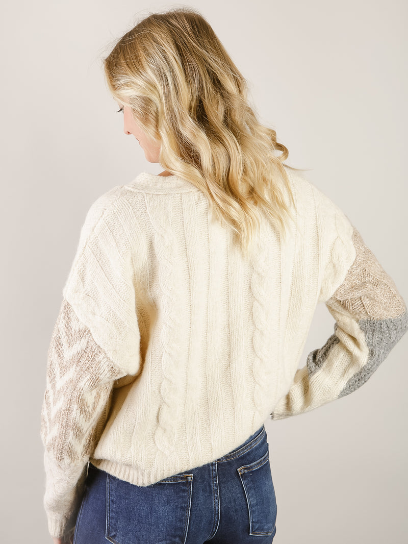 Cream Patchwork Cable Knit Cardigan