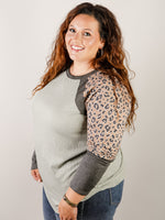 Curvy Sage Knit with Animal Print Sleeve