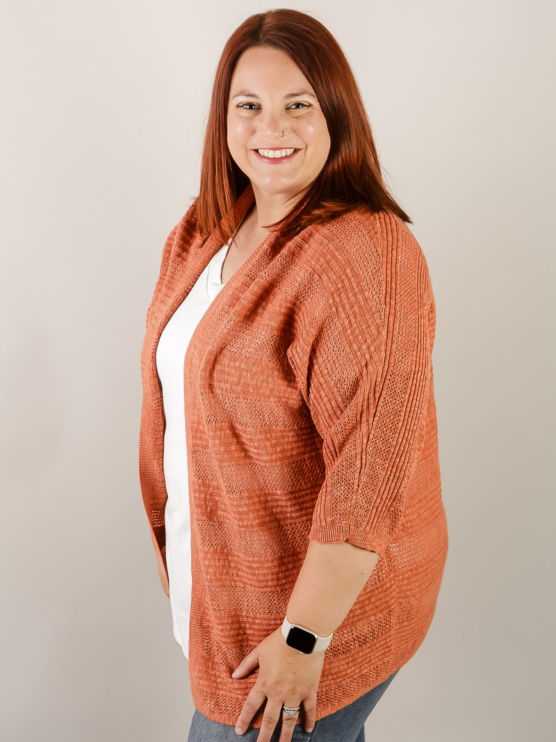 Breezy Solid Textured Striped Rust Cardigan