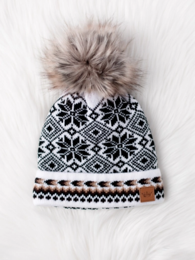 White Black and Tan Patterned Pom Hat