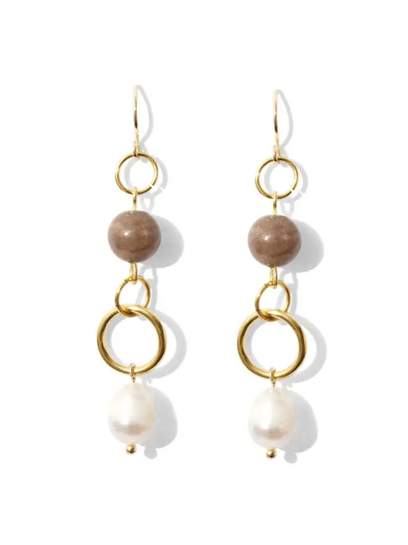 Brown Long Pearl Earrings with Stone Accent