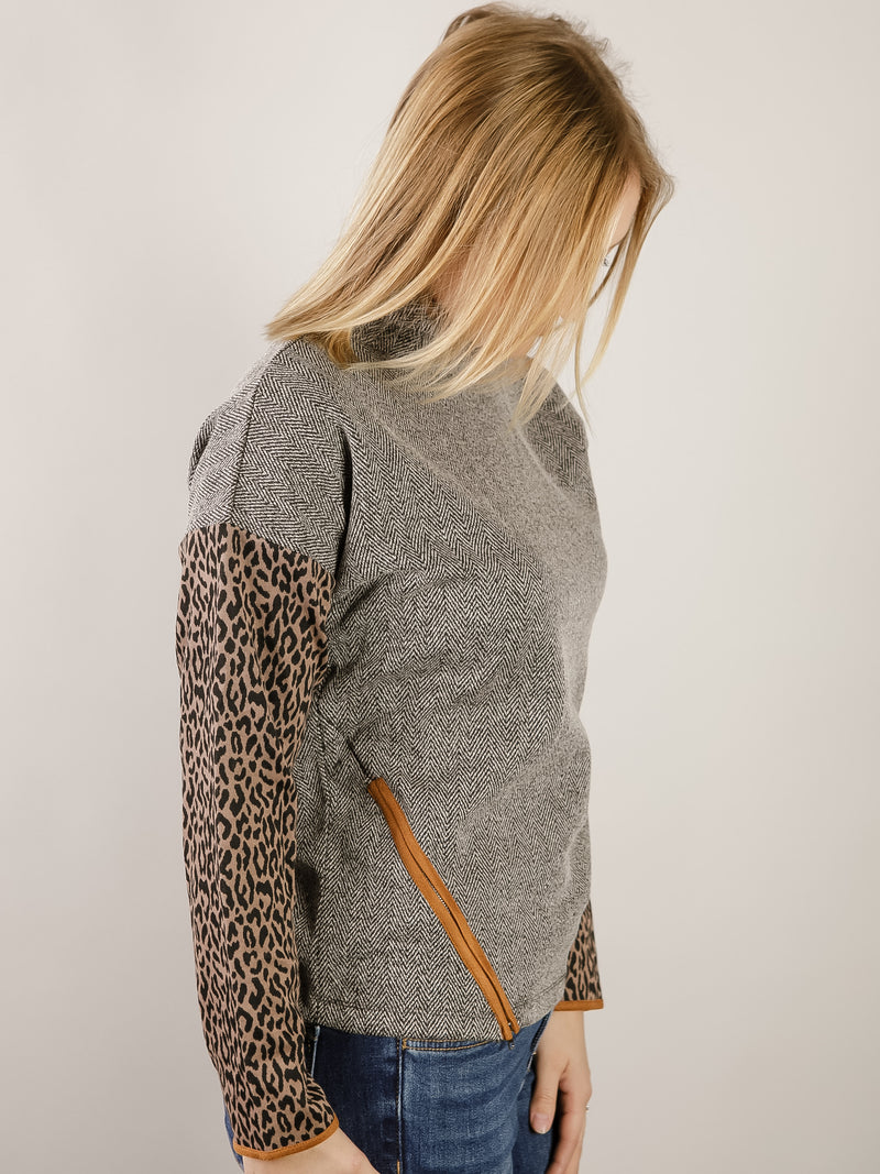Heather Grey Mock Neck with Leopard Sleeve