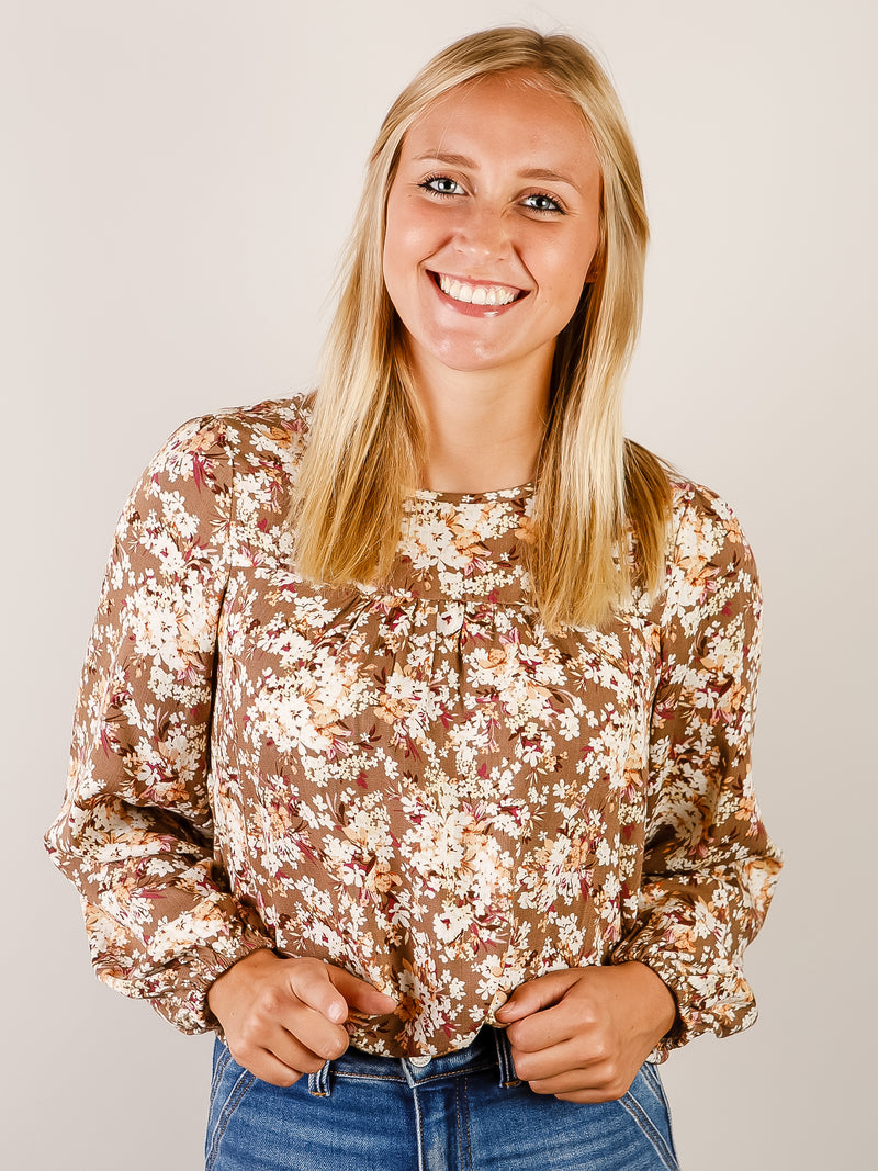 Coffee Floral Long Sleeve Blouse