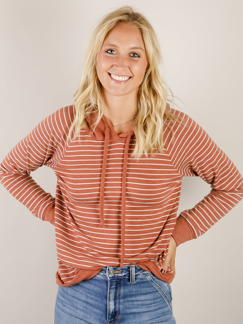 Rust Striped Knit Hooded Top