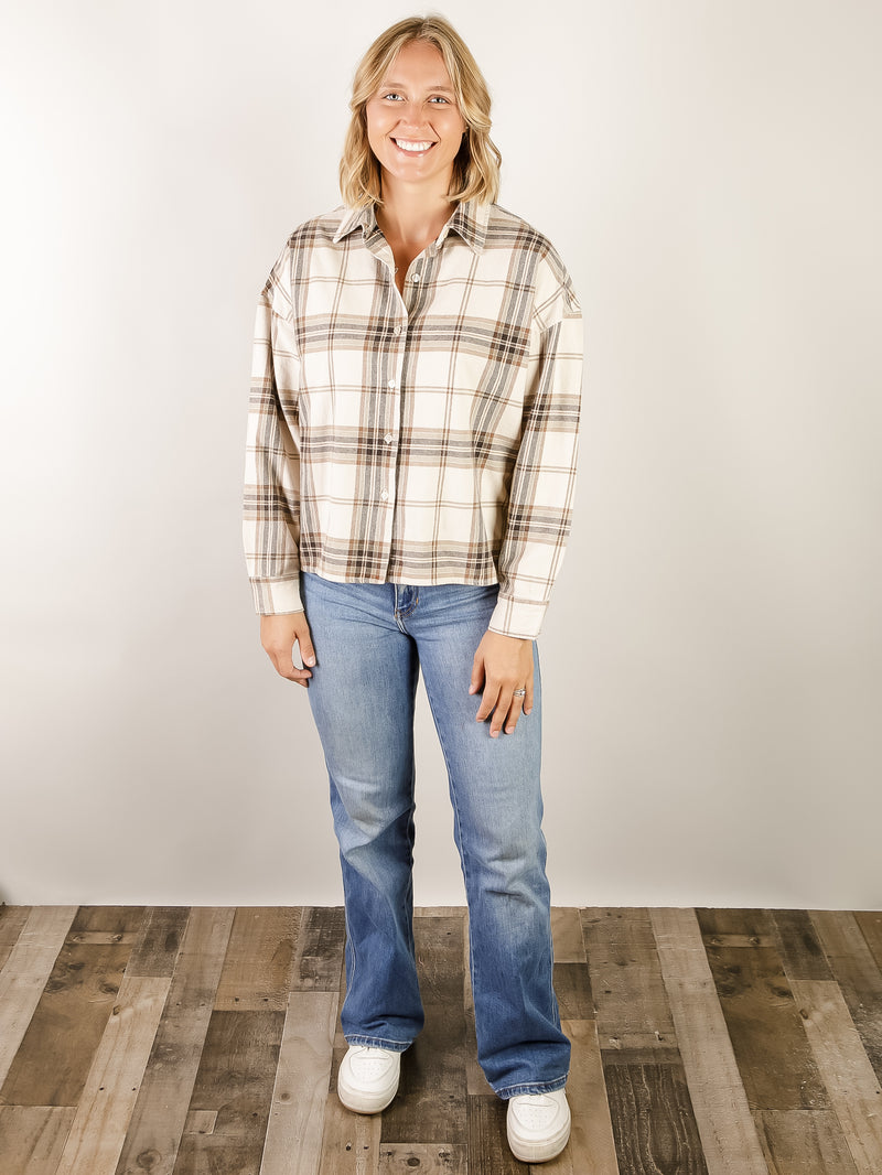 Khaki Plaid Long Sleeve Button Up