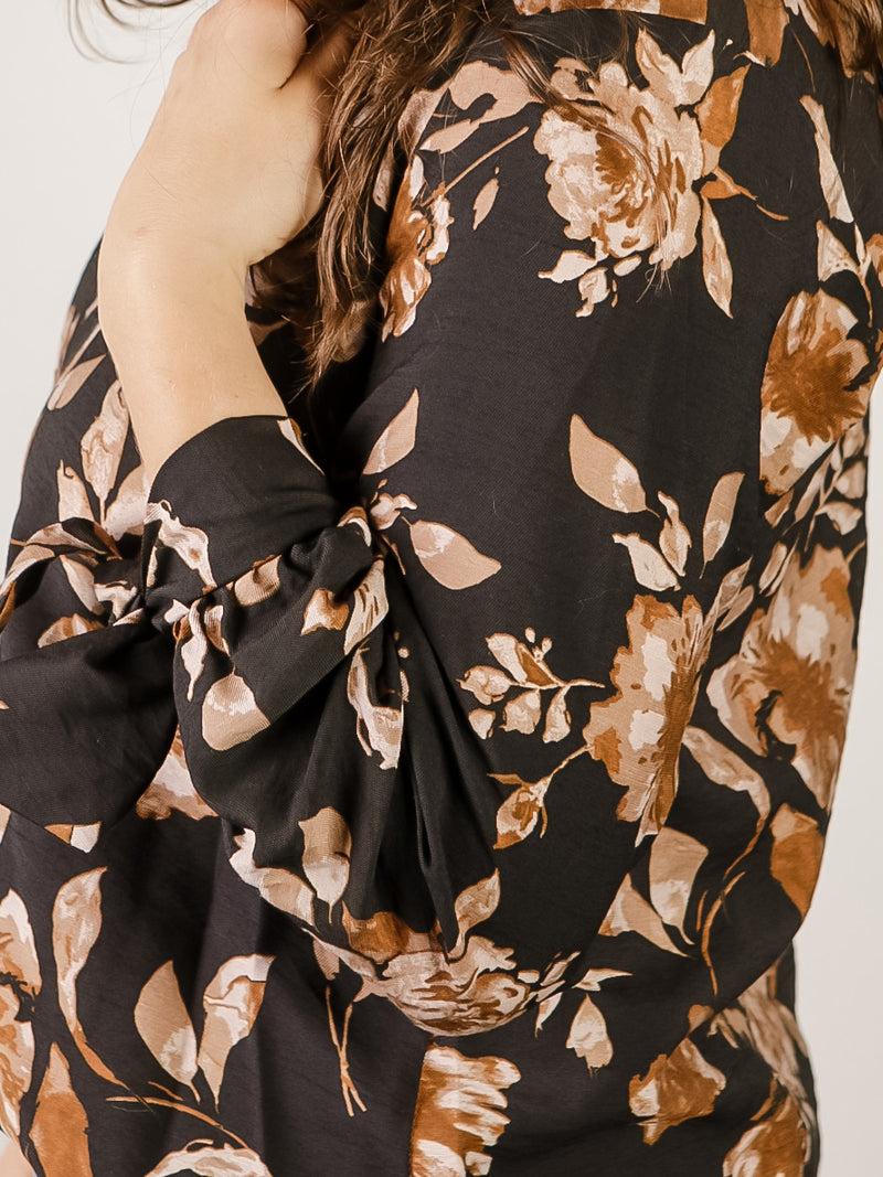Black with Tan Floral Print Blouse