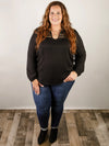 Curvy Black Split Neck Blouse with Eyelet Trim