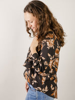 Black with Tan Floral Print Blouse