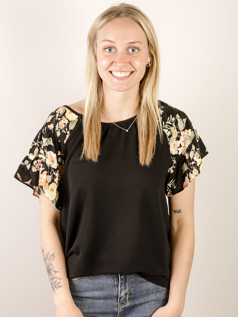 Black Floral Tiered Sleeve Top