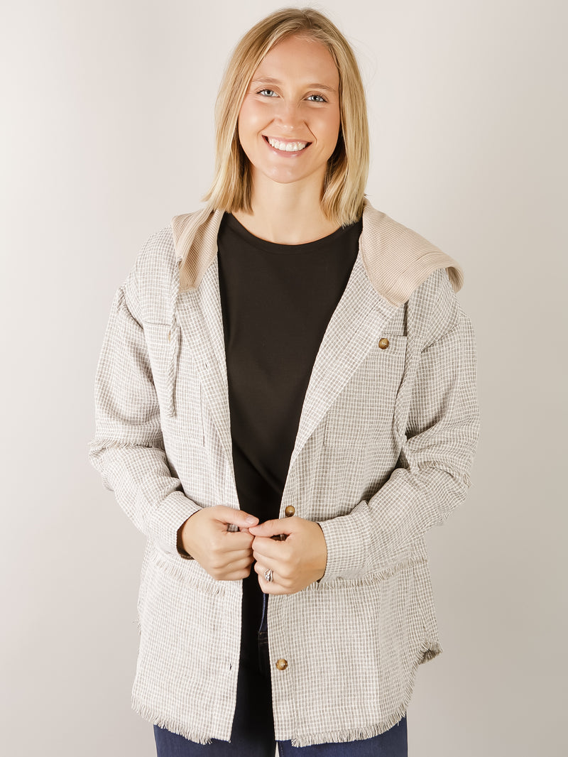 Sand Checkered Frayed Hooded Button Up Top
