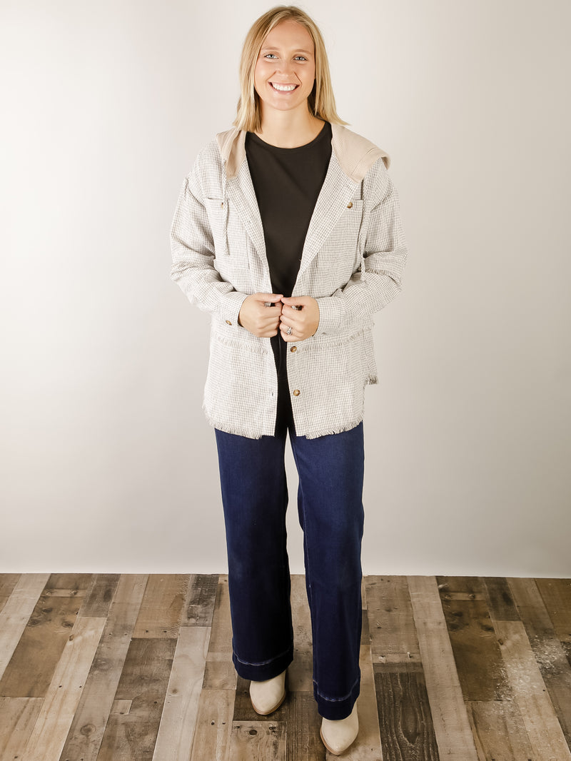 Sand Checkered Frayed Hooded Button Up Top