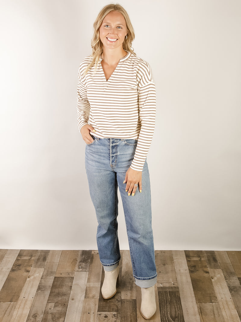 Camel and Ivory Pullover Striped Top