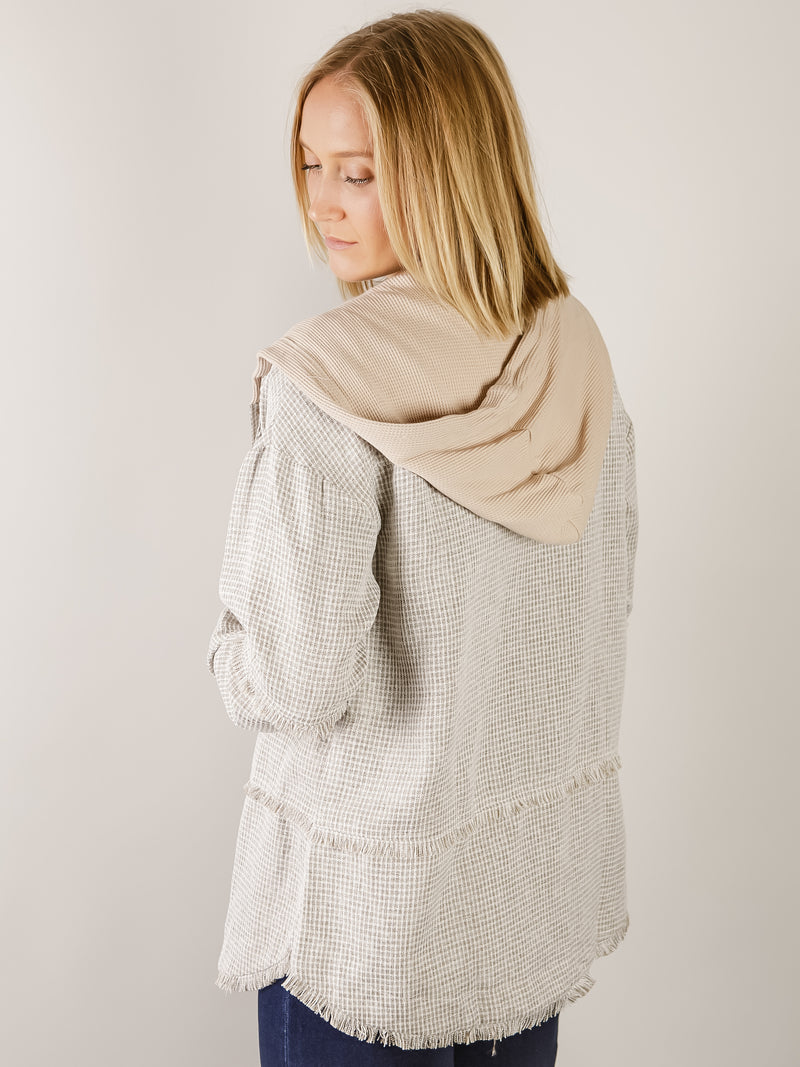 Sand Checkered Frayed Hooded Button Up Top