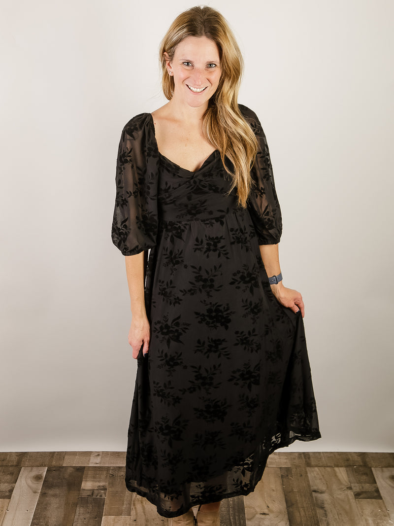 Black Velvet Floral Midi Dress