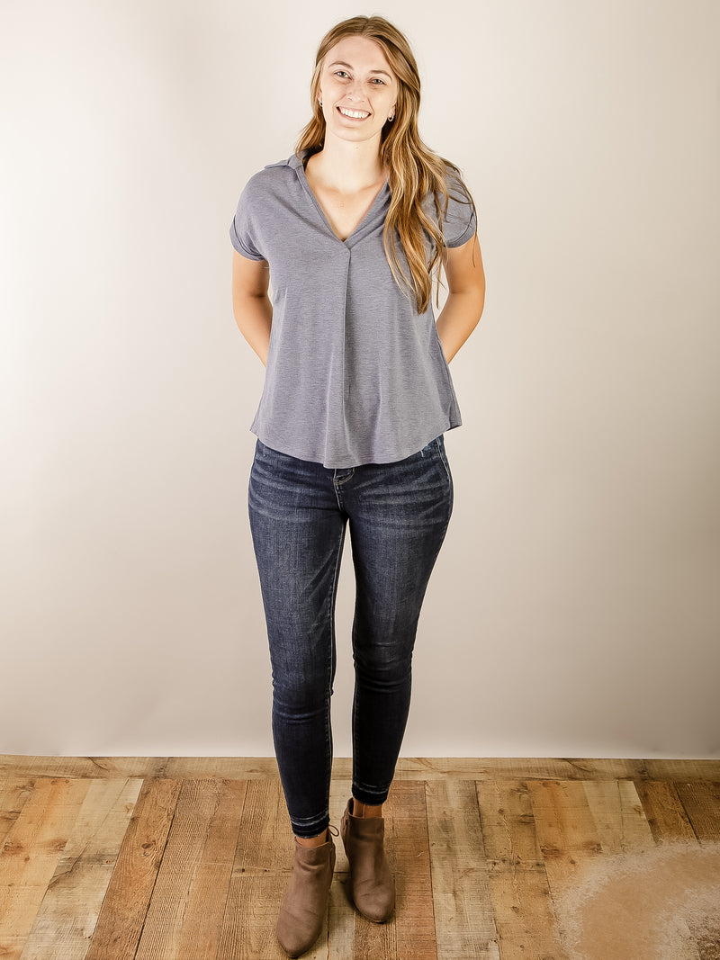 Light Navy Collared Knit Tee with Button Back