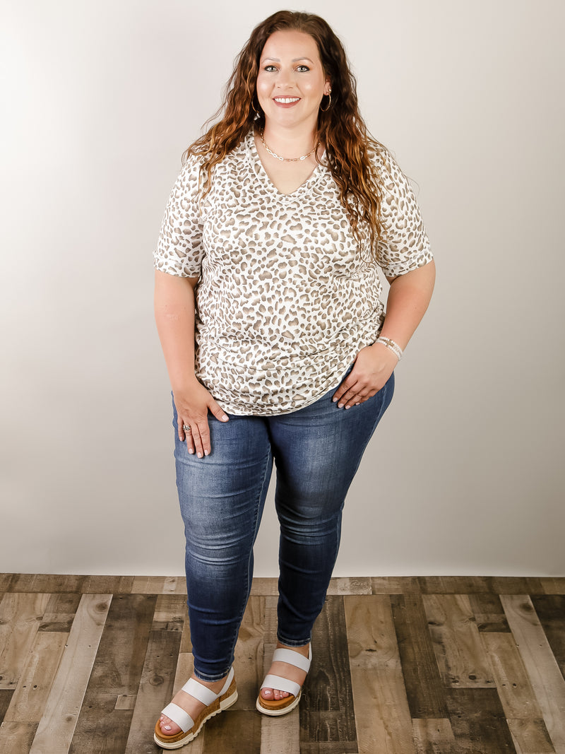 Curvy Ivory and Tan Leopard Print V-Neck