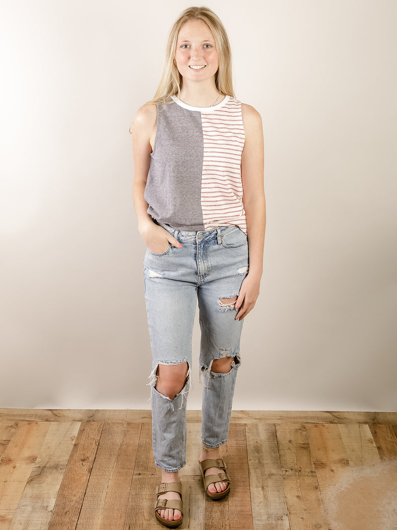 Red White and Denim Blue Sleeveless Top
