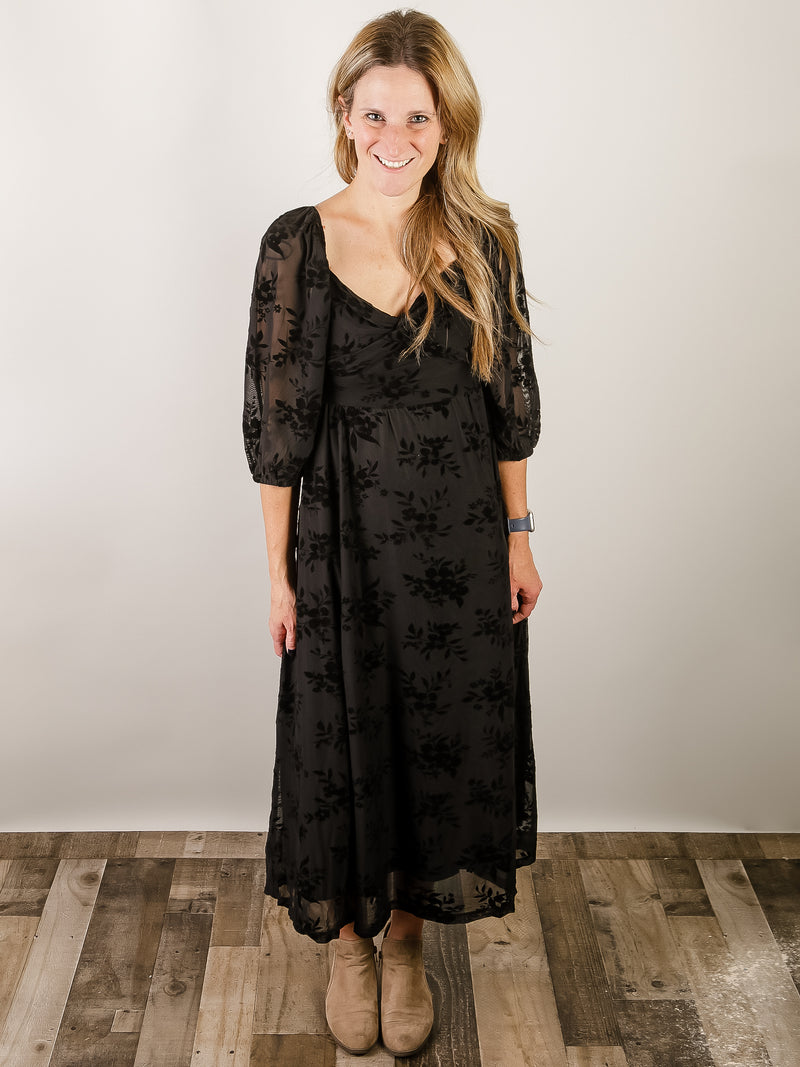 Black Velvet Floral Midi Dress