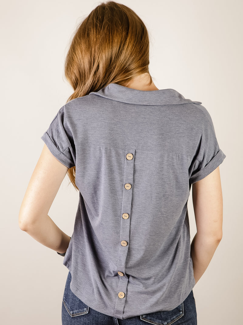Light Navy Collared Knit Tee with Button Back