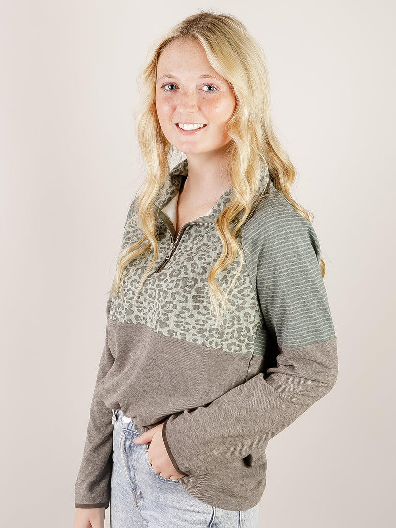 Teal with Leopard 1/4 Zip Pullover