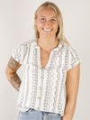 White with Black Geo Print Short Sleeve Blouse