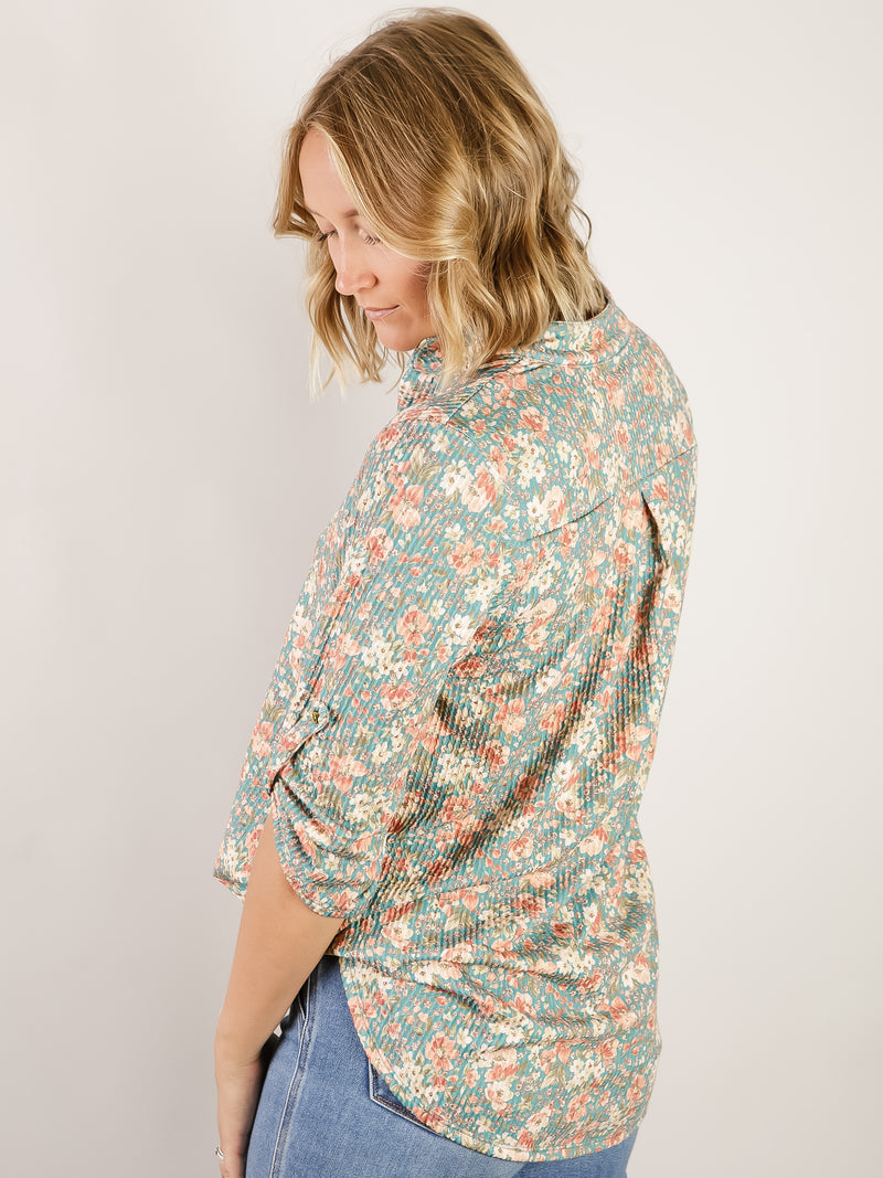 Teal Floral 3/4 Sleeve Knit Top