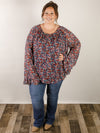 Curvy Navy Floral Ruffled Hem Blouse