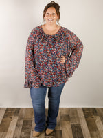 Curvy Navy Floral Ruffled Hem Blouse