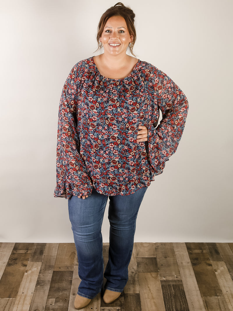 Curvy Navy Floral Ruffled Hem Blouse