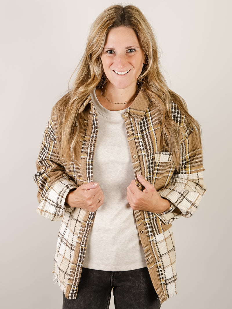 Ivory and Mocha Mixed Plaid Lightweight Shacket