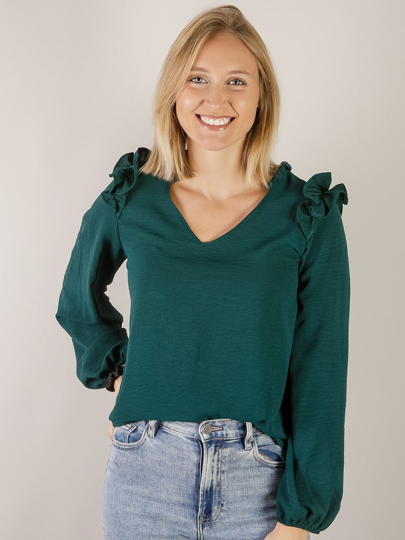Hunter Green Ruffled Shoulder V-Neck Blouse